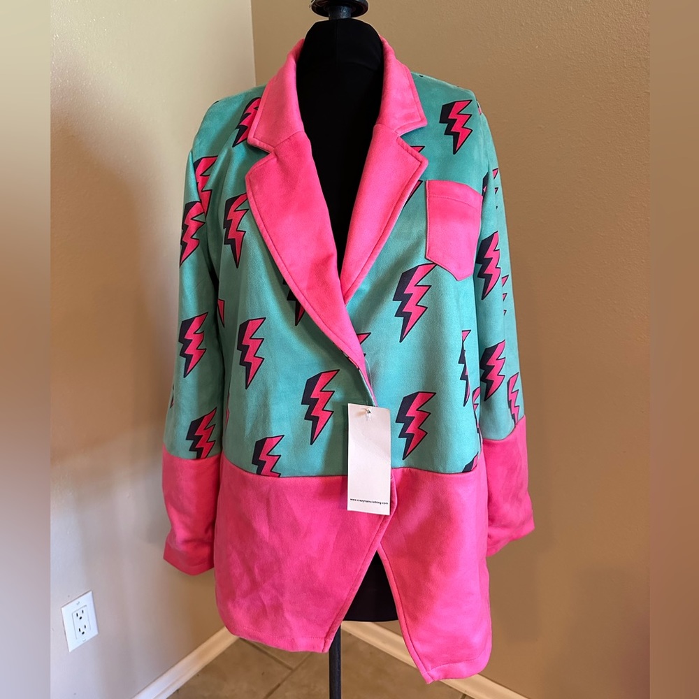 Crazy Train Blazer - Green with pink & navy lightening bolts